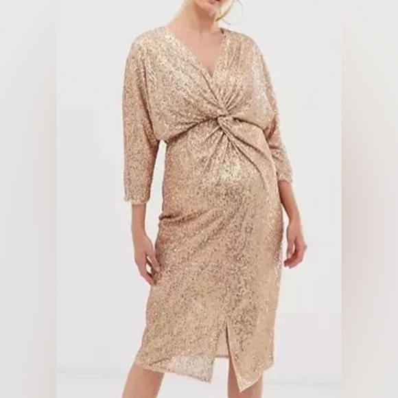 TFNC V Neck Sequins Midi Dress Plus Sz 22 Maternity Golden Party Formal Cocktail - Picture 1 of 16